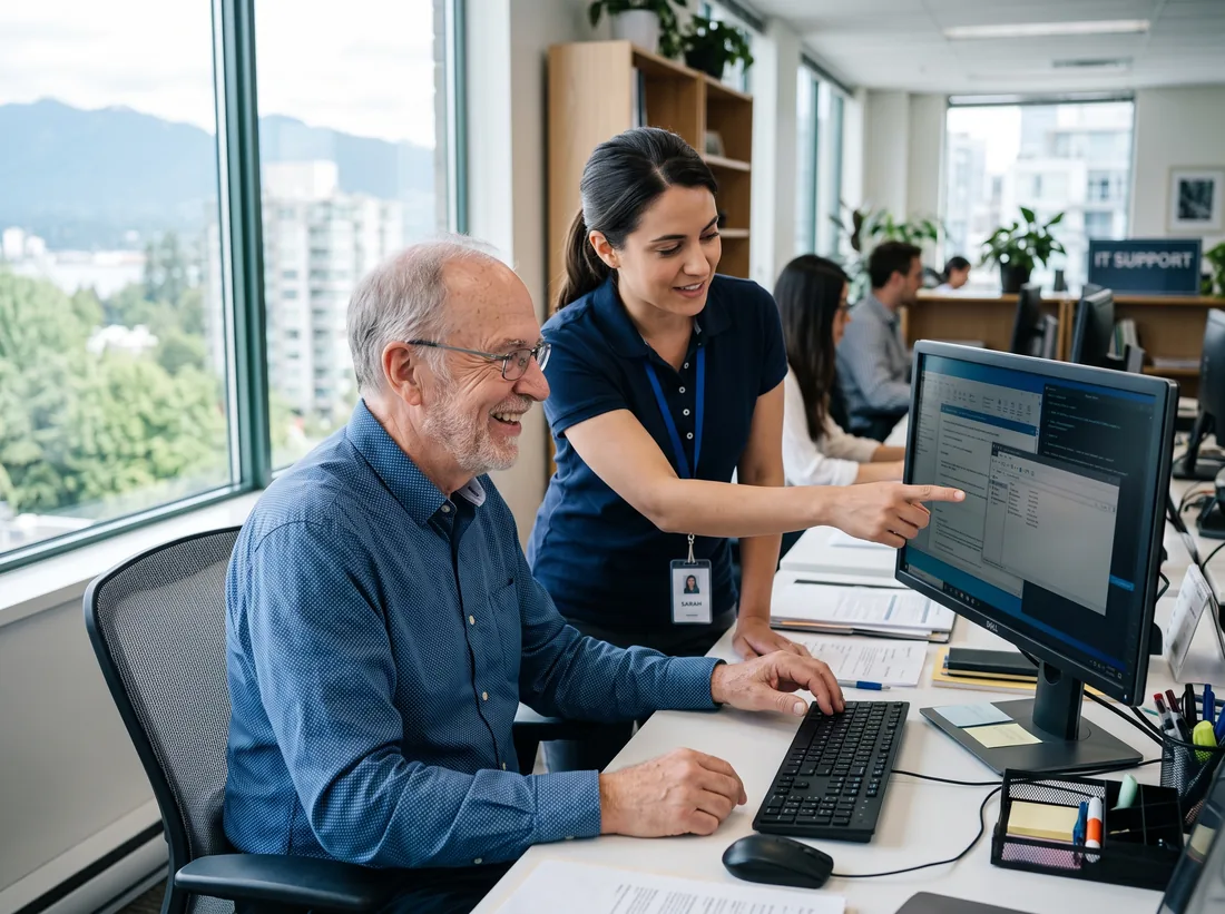 Office worker smiling as an IT support person shows him something on his monitor