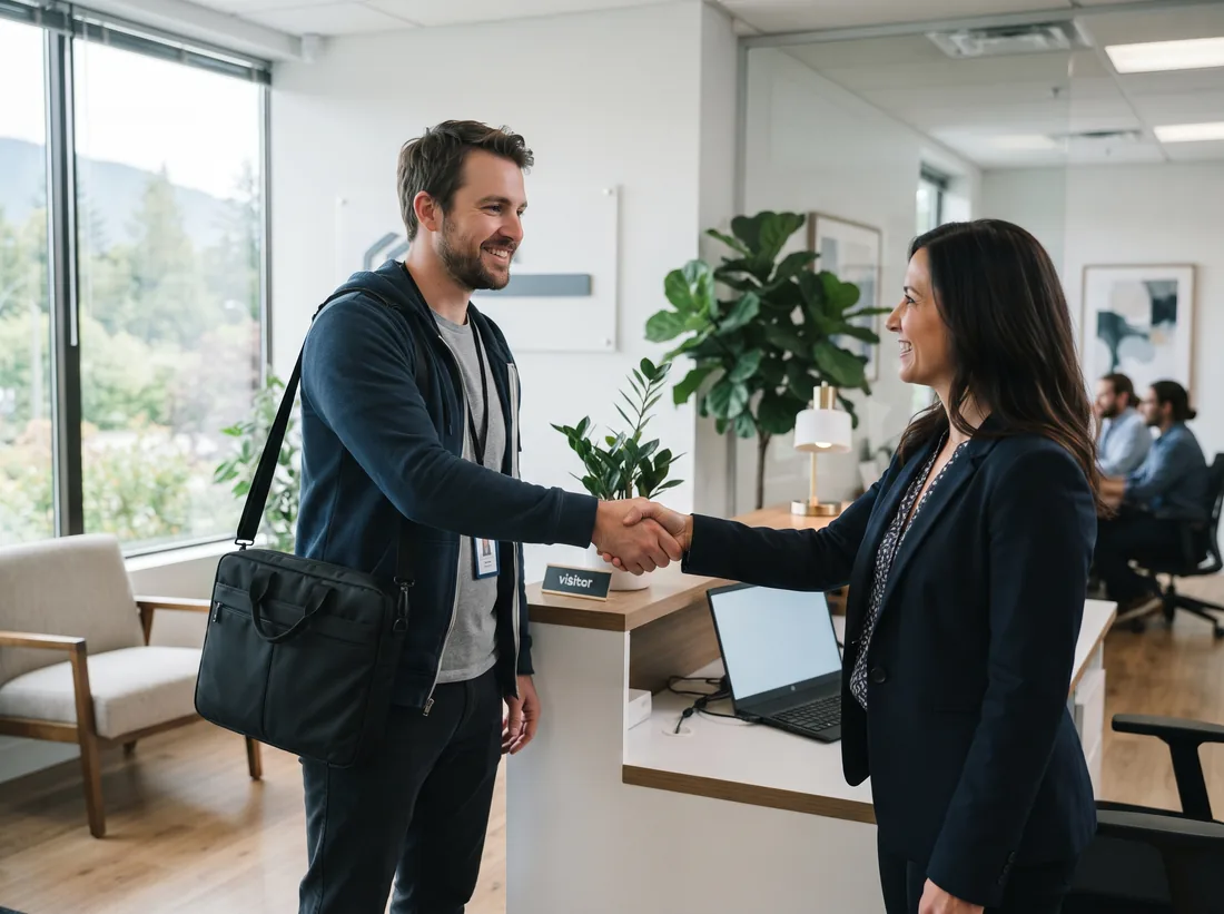 IT technician with a laptop bag greeting an office manager at a business reception