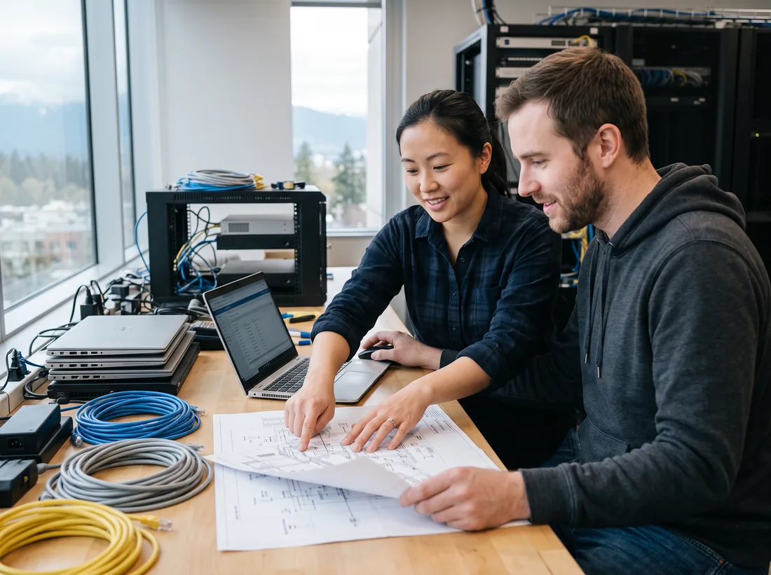Two IT staff reviewing a printed network plan and a laptop at a workbench