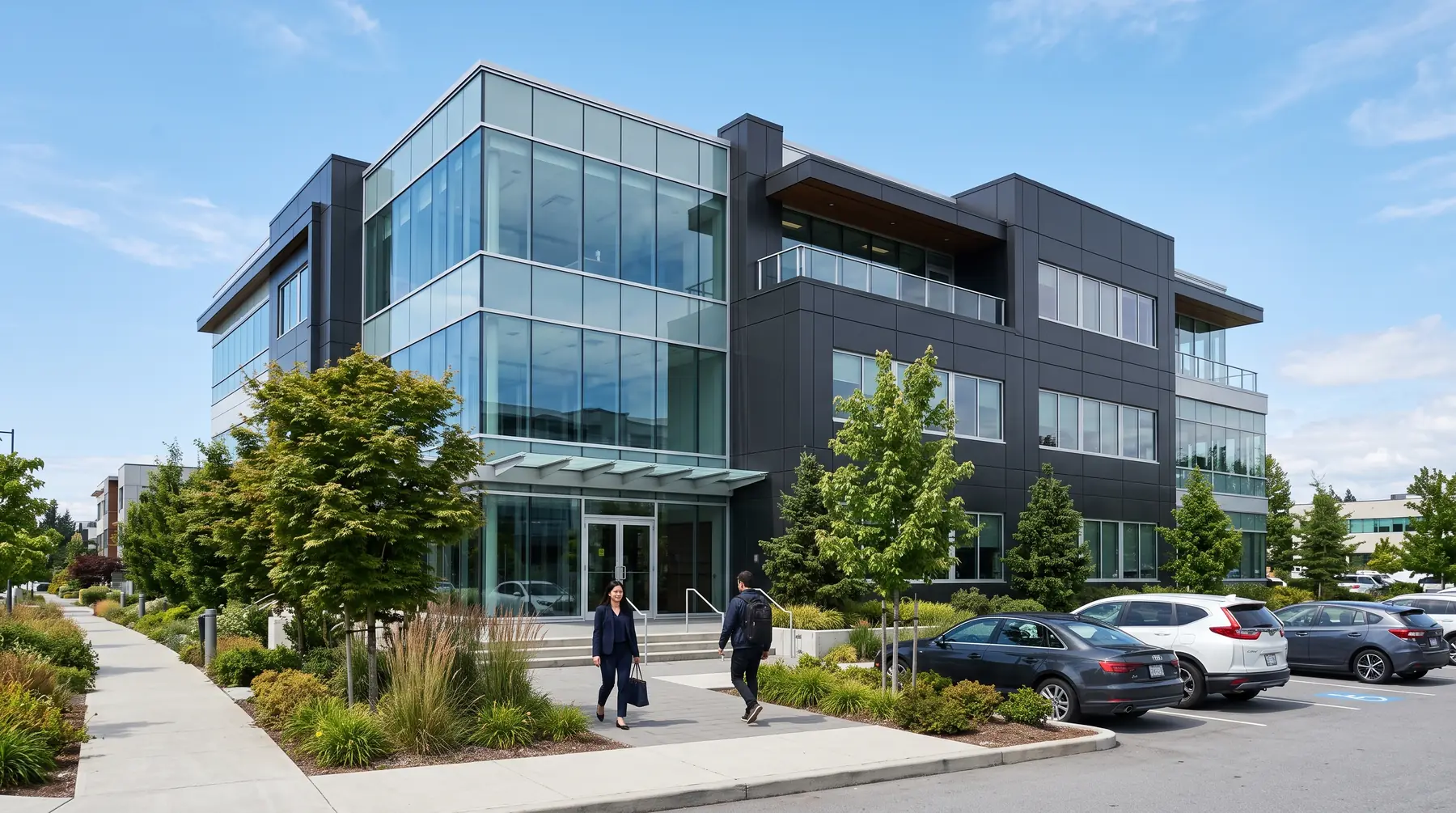 Modern three-storey office building with a landscaped entrance in Surrey