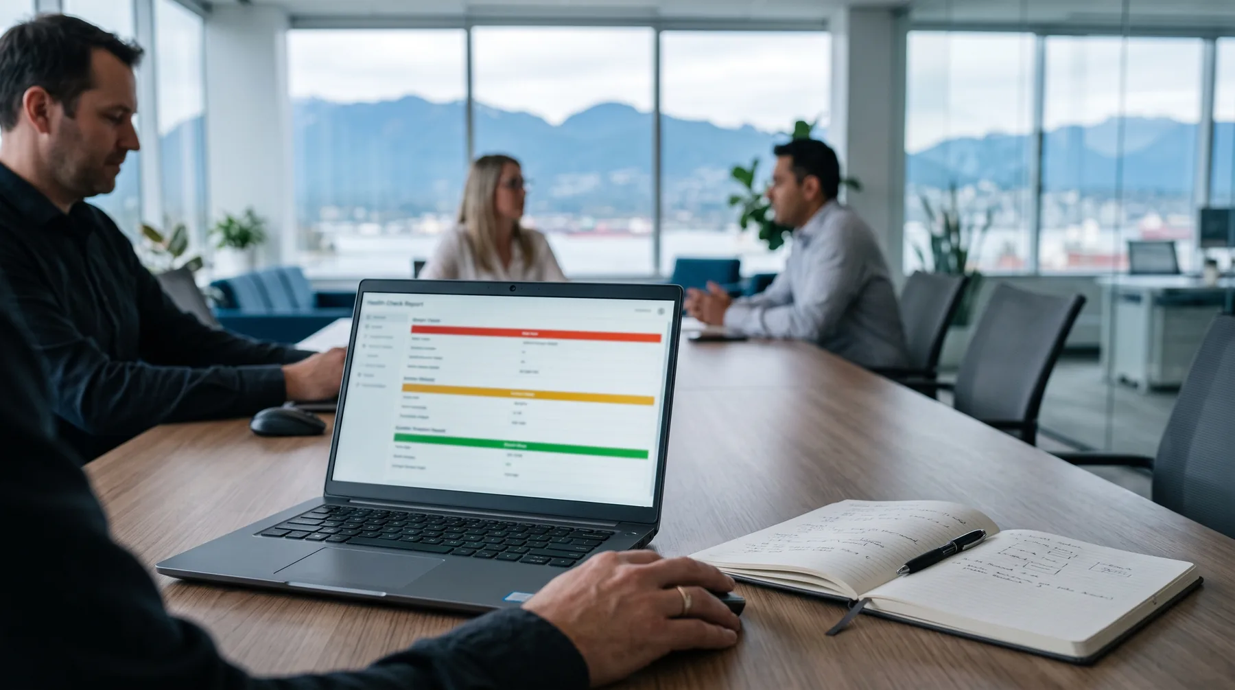 Laptop showing a health-check report with green, amber and red status bars on a meeting table