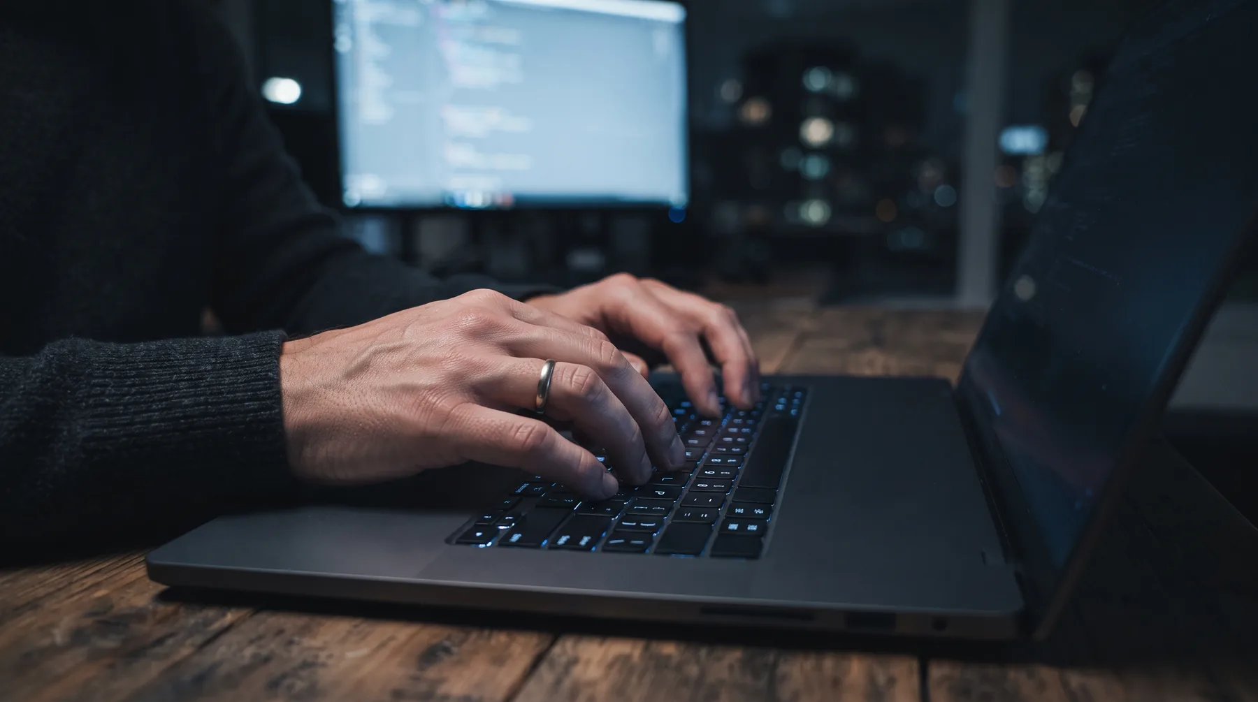 Hands typing on a backlit laptop keyboard in a dim office