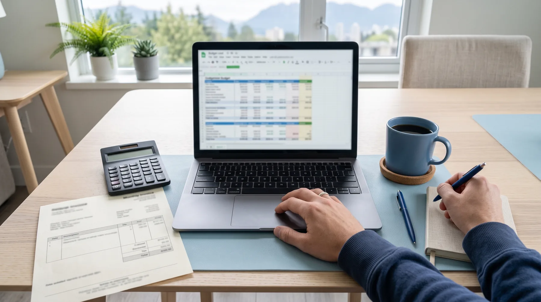Laptop with a budget spreadsheet, a calculator and a printed invoice on a tidy desk