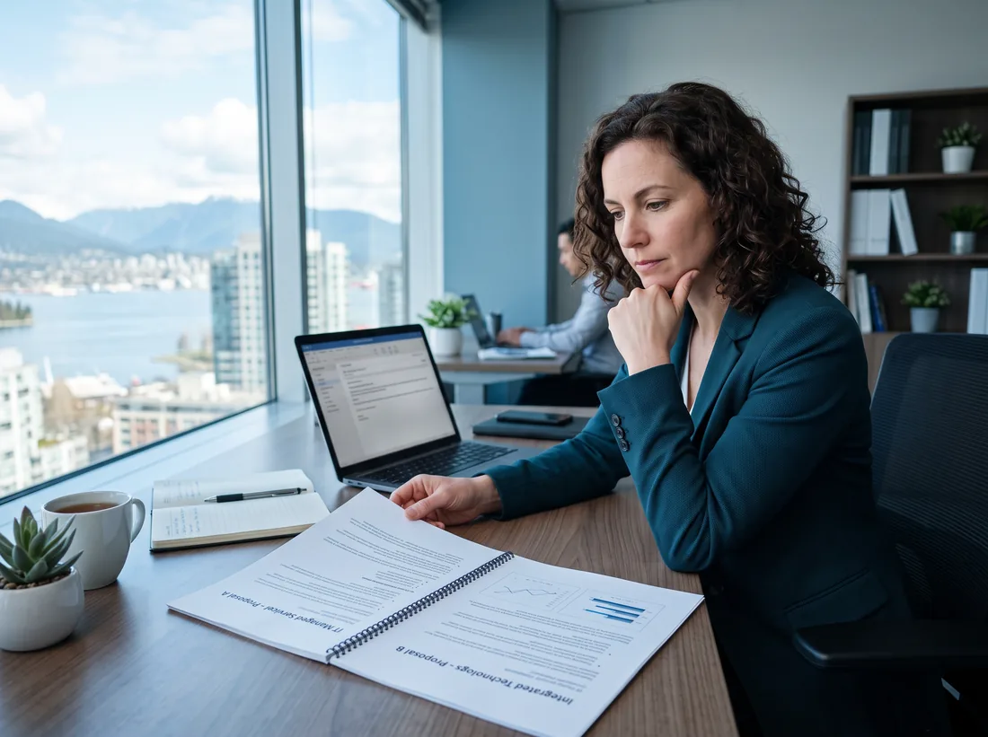 Business owner comparing two printed IT service proposals at her desk