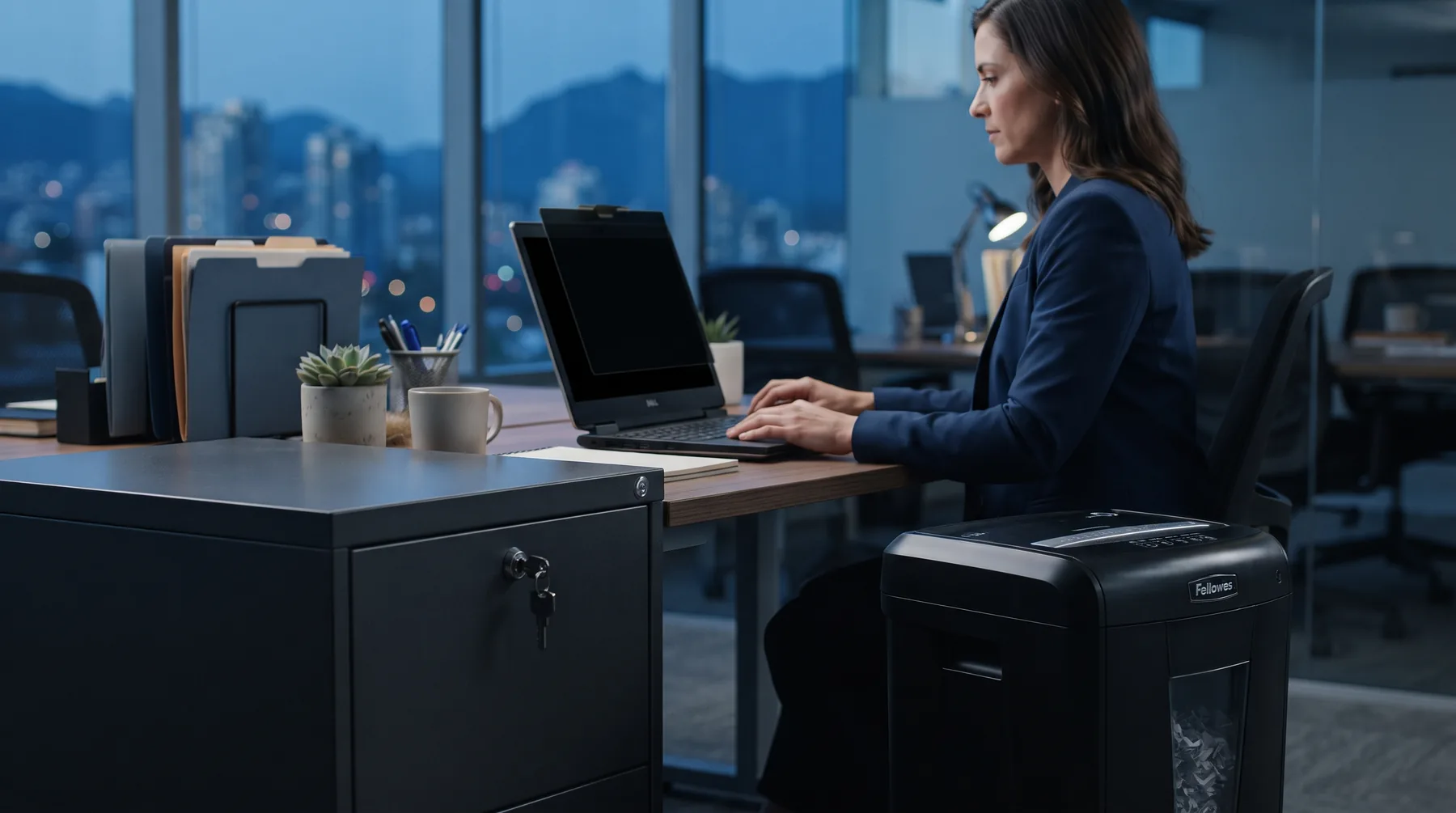 Locked filing cabinet and a laptop with a privacy filter in a professional office