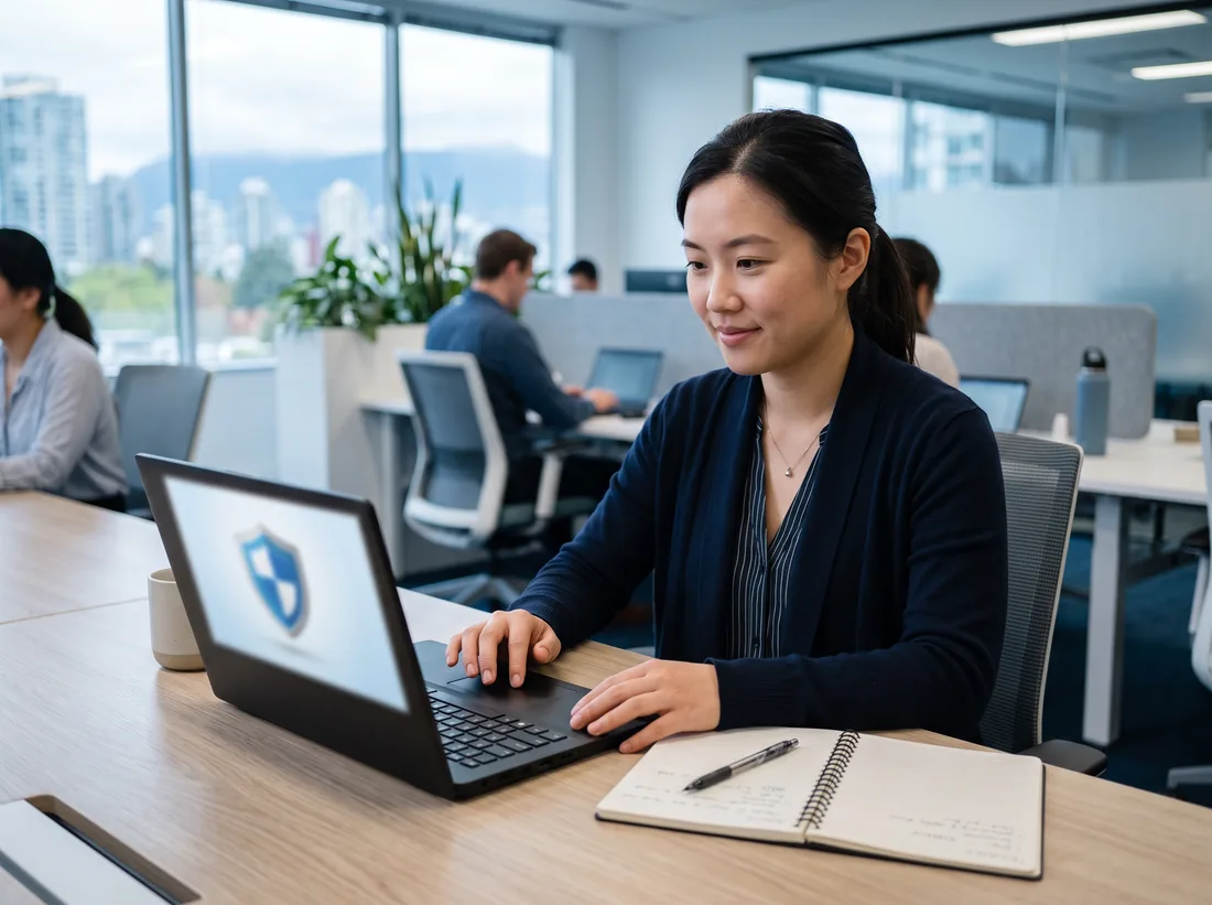 Office staff member completing a short cybersecurity awareness lesson on a laptop