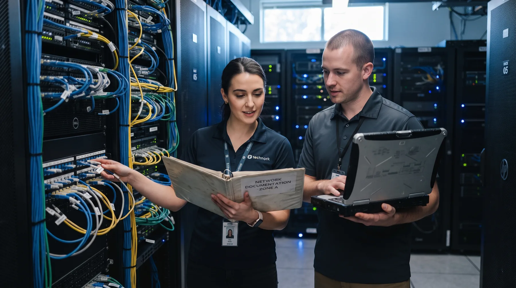 Two IT technicians reviewing labelled network cables and documentation in a server room