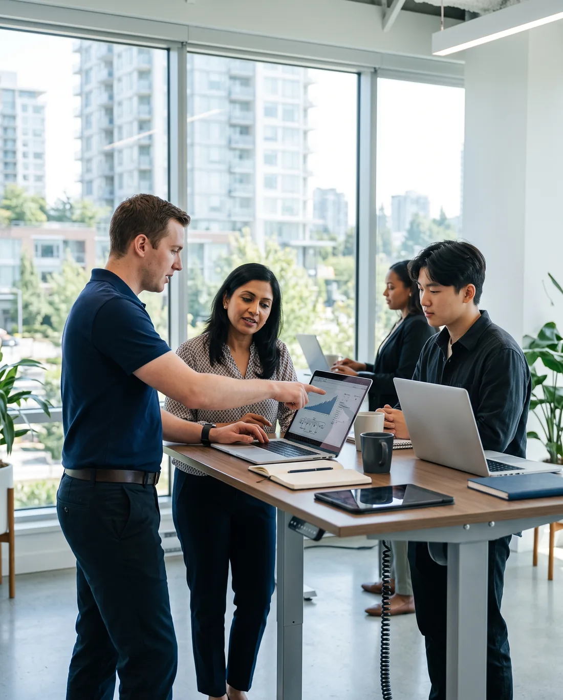 IT technician walking a Surrey office team through a dashboard on a laptop at a standing desk