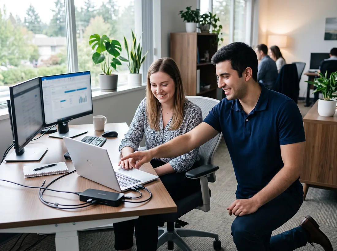 IT support technician kneeling beside an office worker’s desk, helping her with a laptop