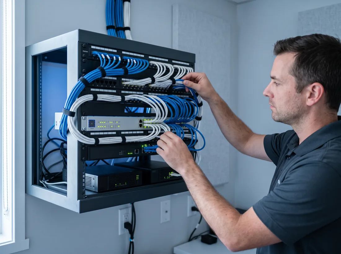 Tidy small-business network closet with a patch panel, switch, firewall and backup appliance