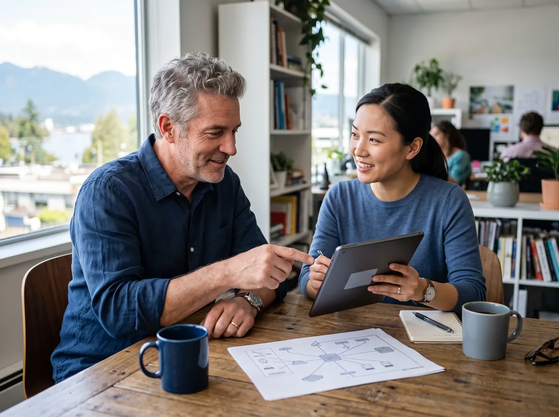 Business owner and IT consultant reviewing a technology plan on a tablet at a meeting table