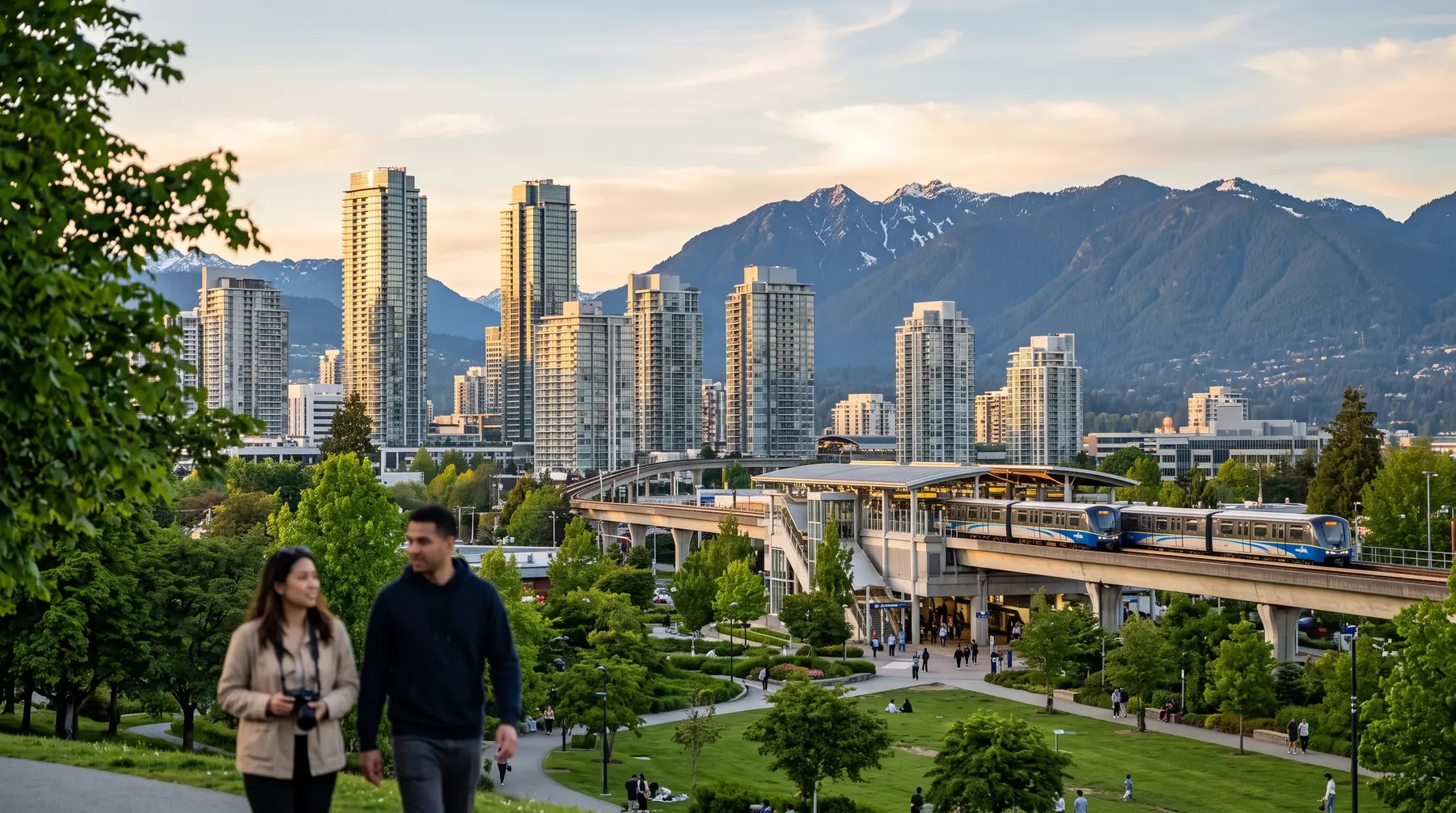 Burnaby high-rise towers around a SkyTrain station with mountains behind