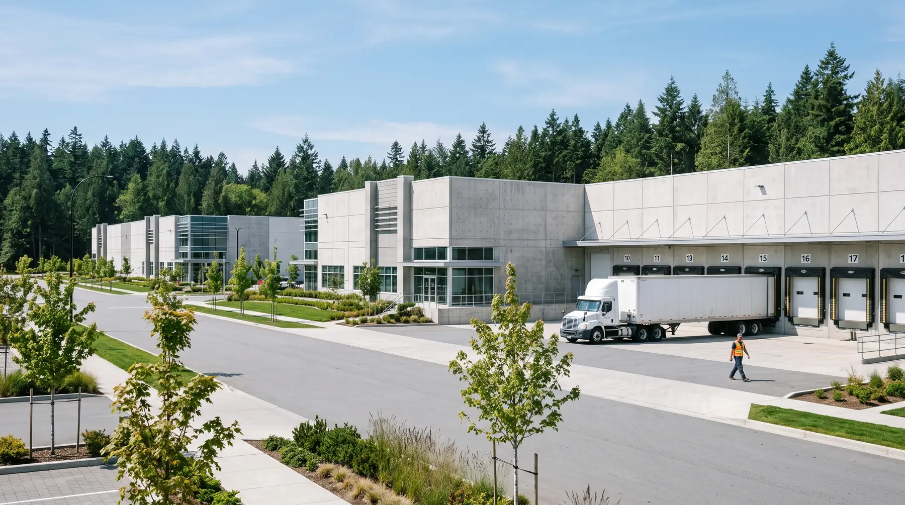 Industrial buildings and a transport truck in a Surrey business park