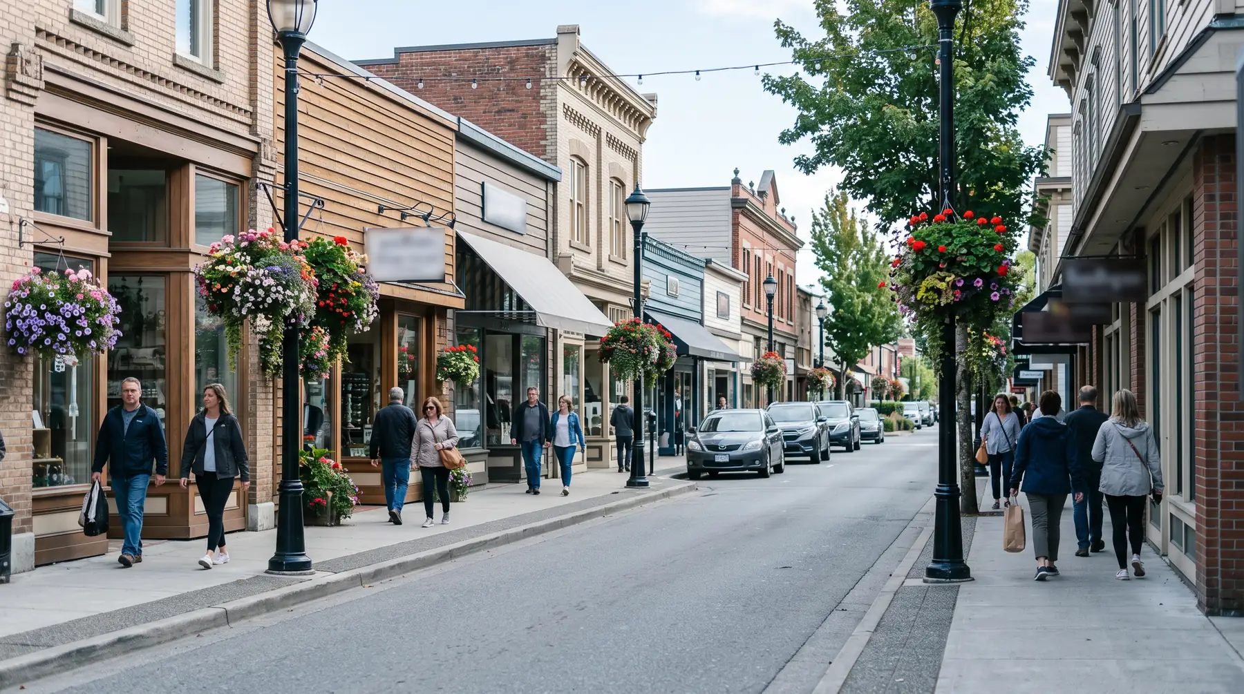 Heritage storefronts with hanging flower baskets on a Cloverdale main street