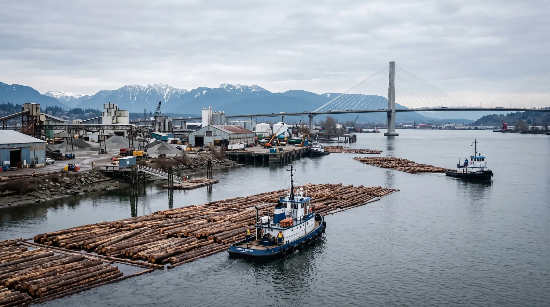 Riverside industry and log booms on the Fraser River in Delta