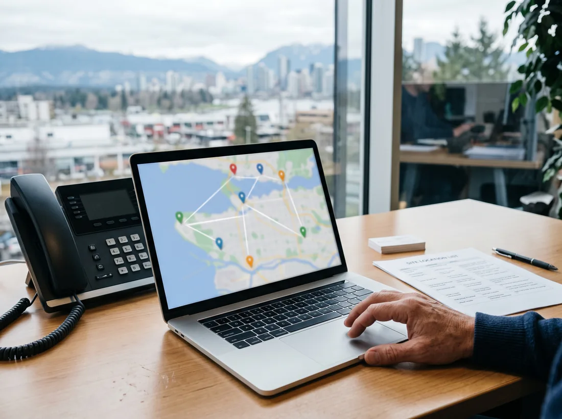 Laptop showing a map with several connected office locations beside a desk phone