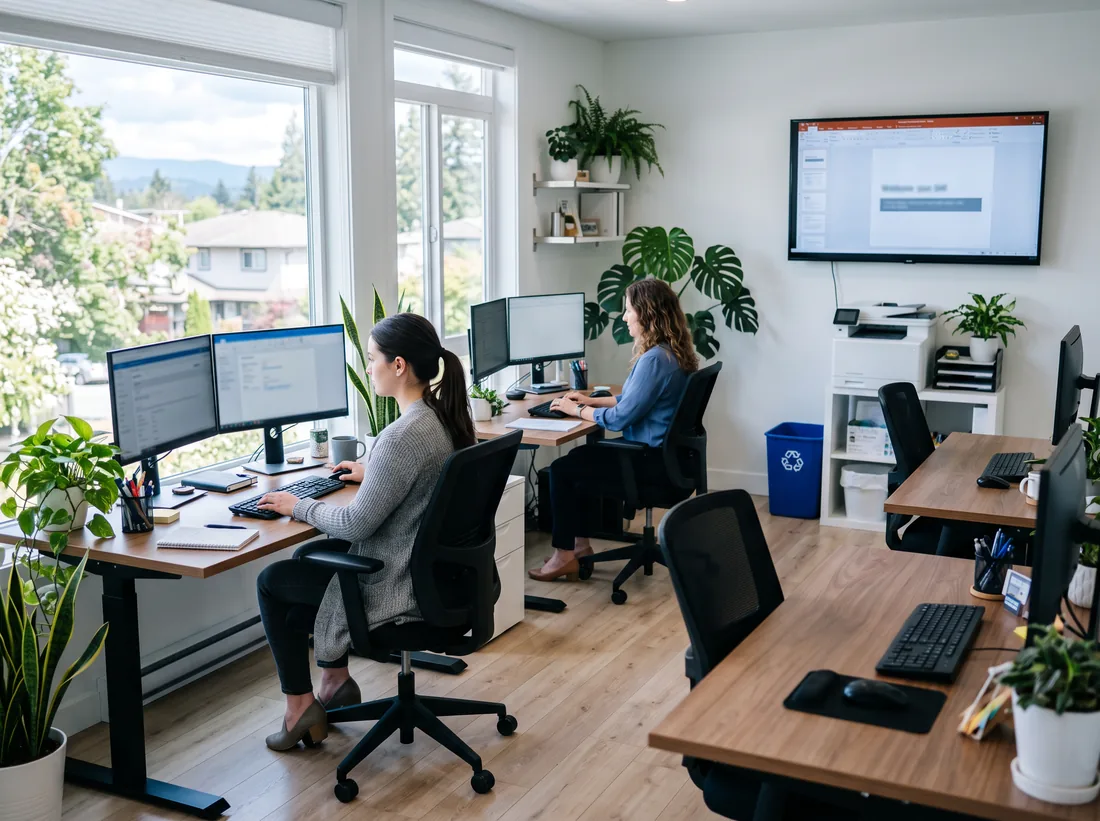 Bright small business office with staff working at desks and monitors