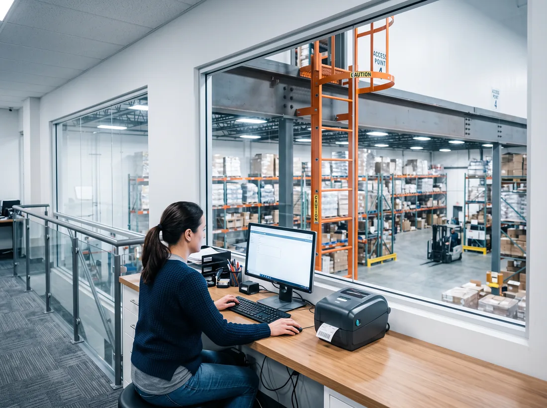 Mezzanine office overlooking a warehouse floor with a computer and label printer
