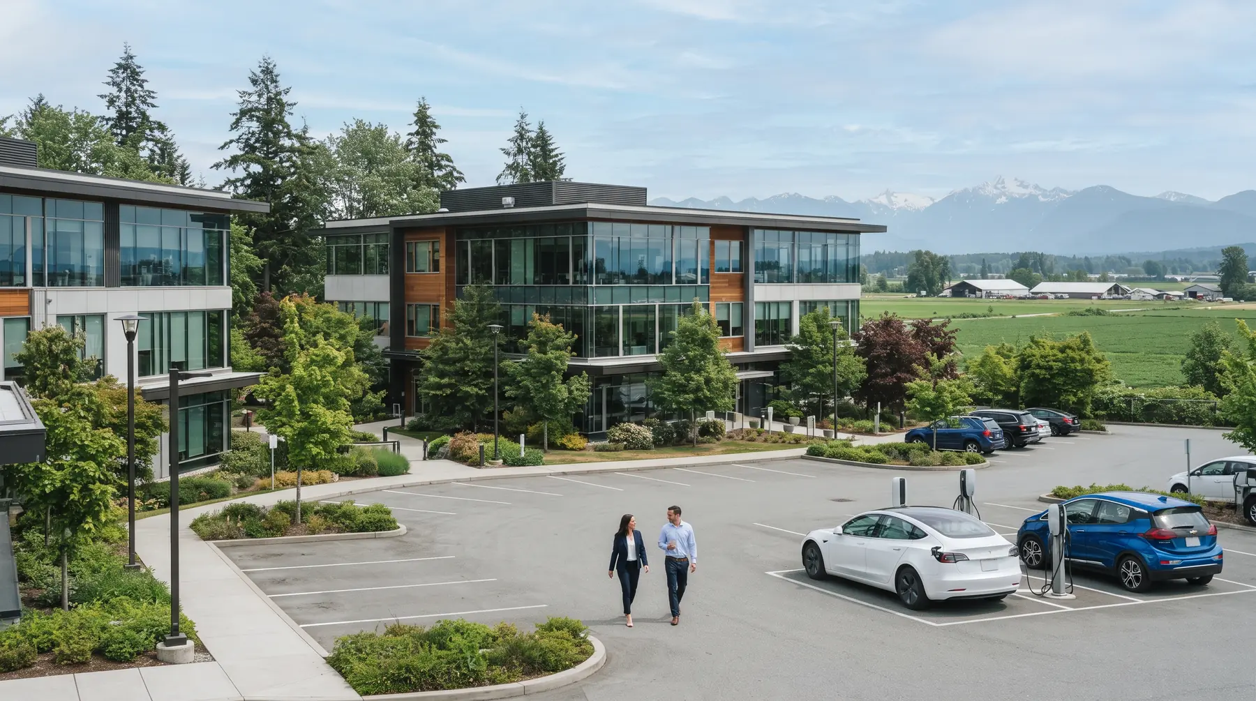 Glass office buildings and landscaped parking in a Langley business park