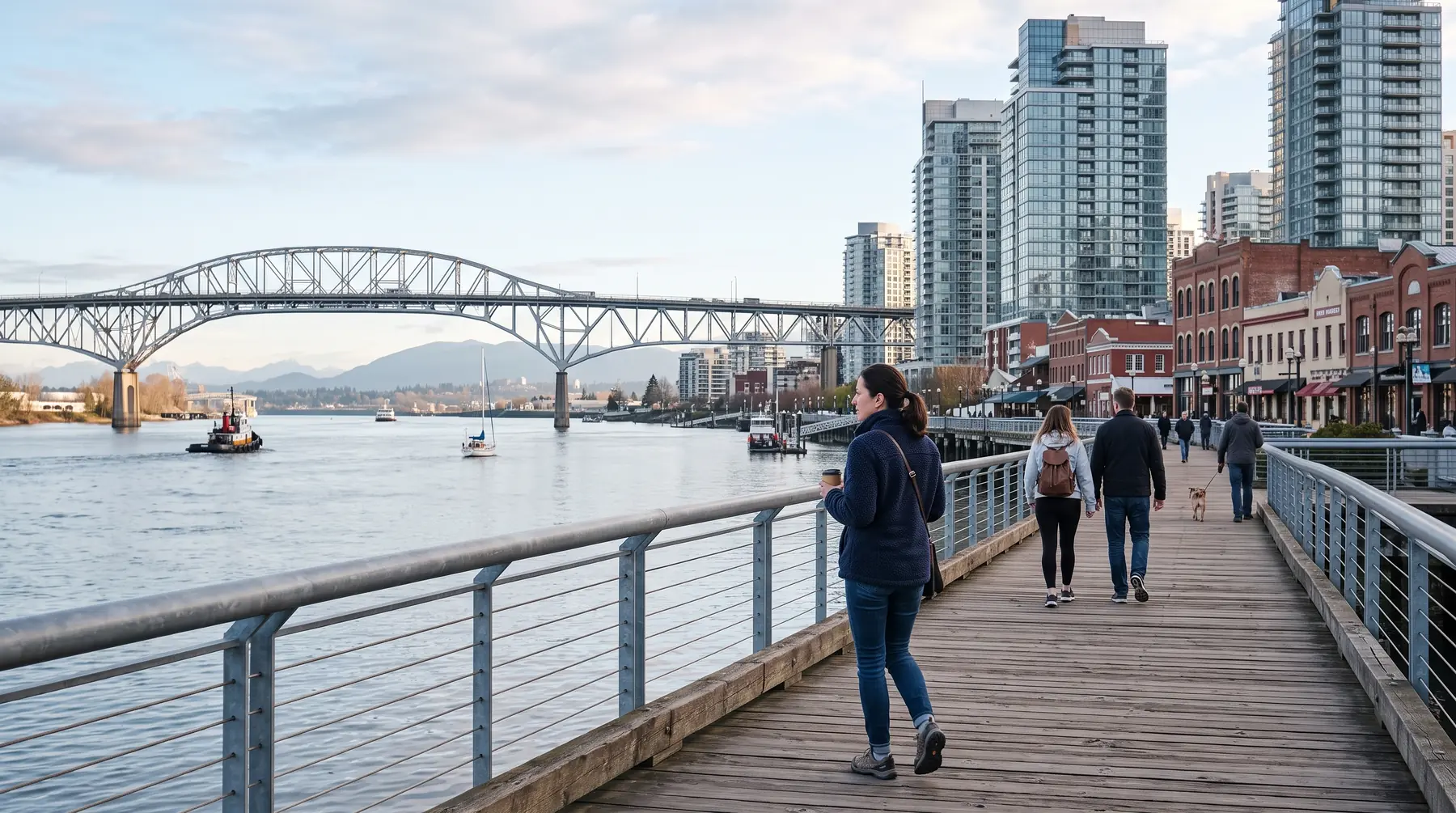 New Westminster riverfront boardwalk on the Fraser River with a bridge and towers