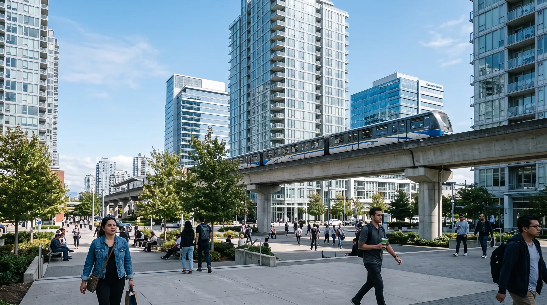 Surrey City Centre towers and SkyTrain guideway on a clear day
