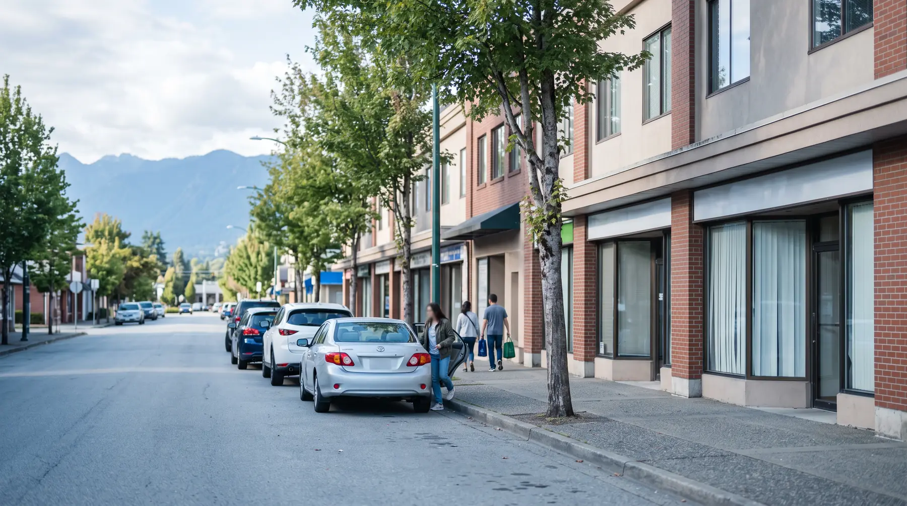 Low-rise office and retail buildings on a tree-lined Surrey street