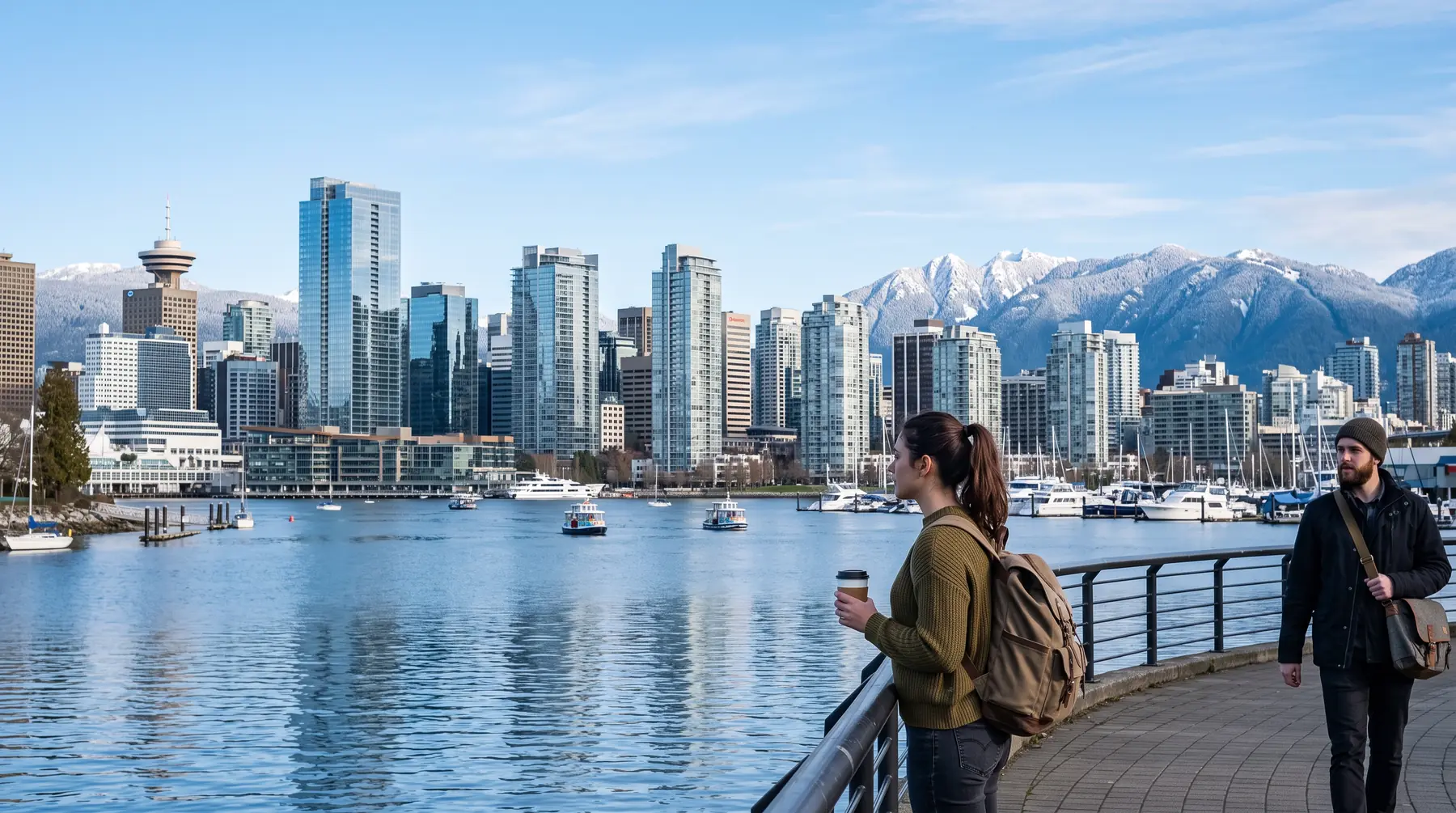 Downtown Vancouver office towers across False Creek with the North Shore mountains