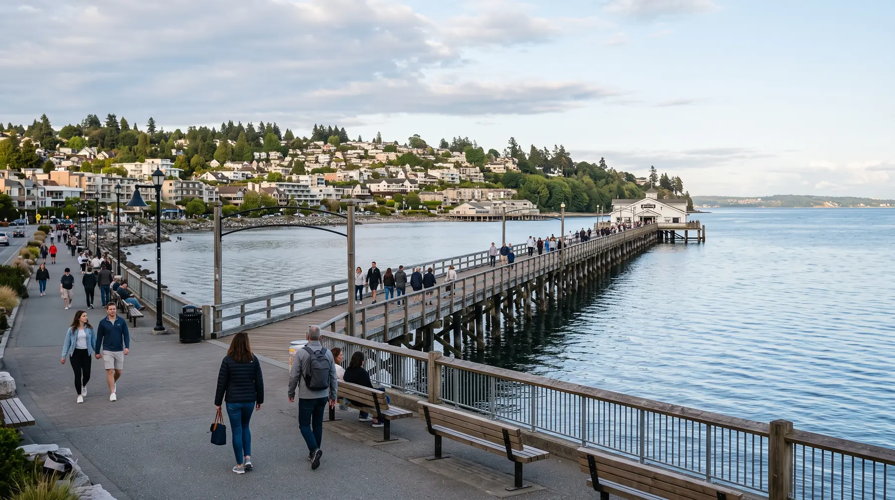 White Rock waterfront promenade and the long wooden pier on Semiahmoo Bay