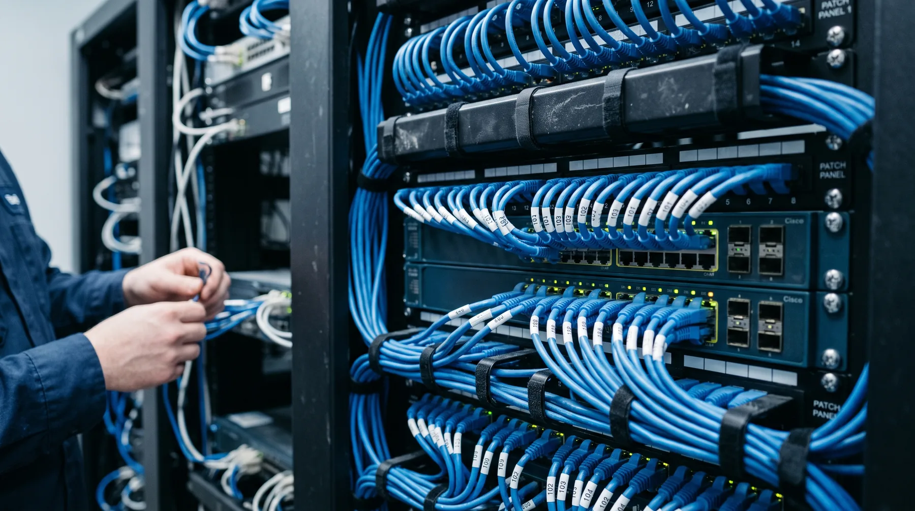 Close detail of a network rack with neatly patched blue ethernet cables