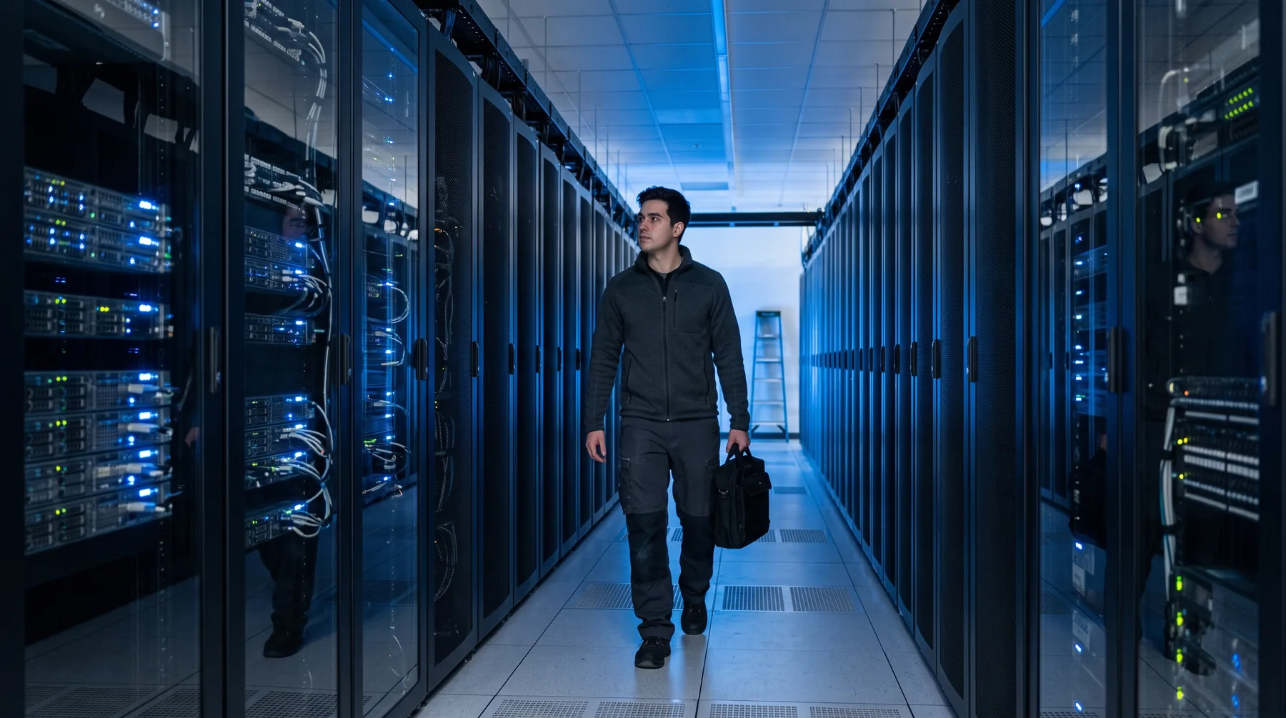 Data centre aisle with rows of server racks lit by blue status lights
