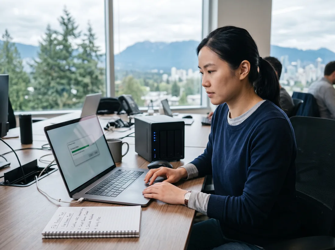 Technician testing a file restore on a laptop beside a small backup appliance