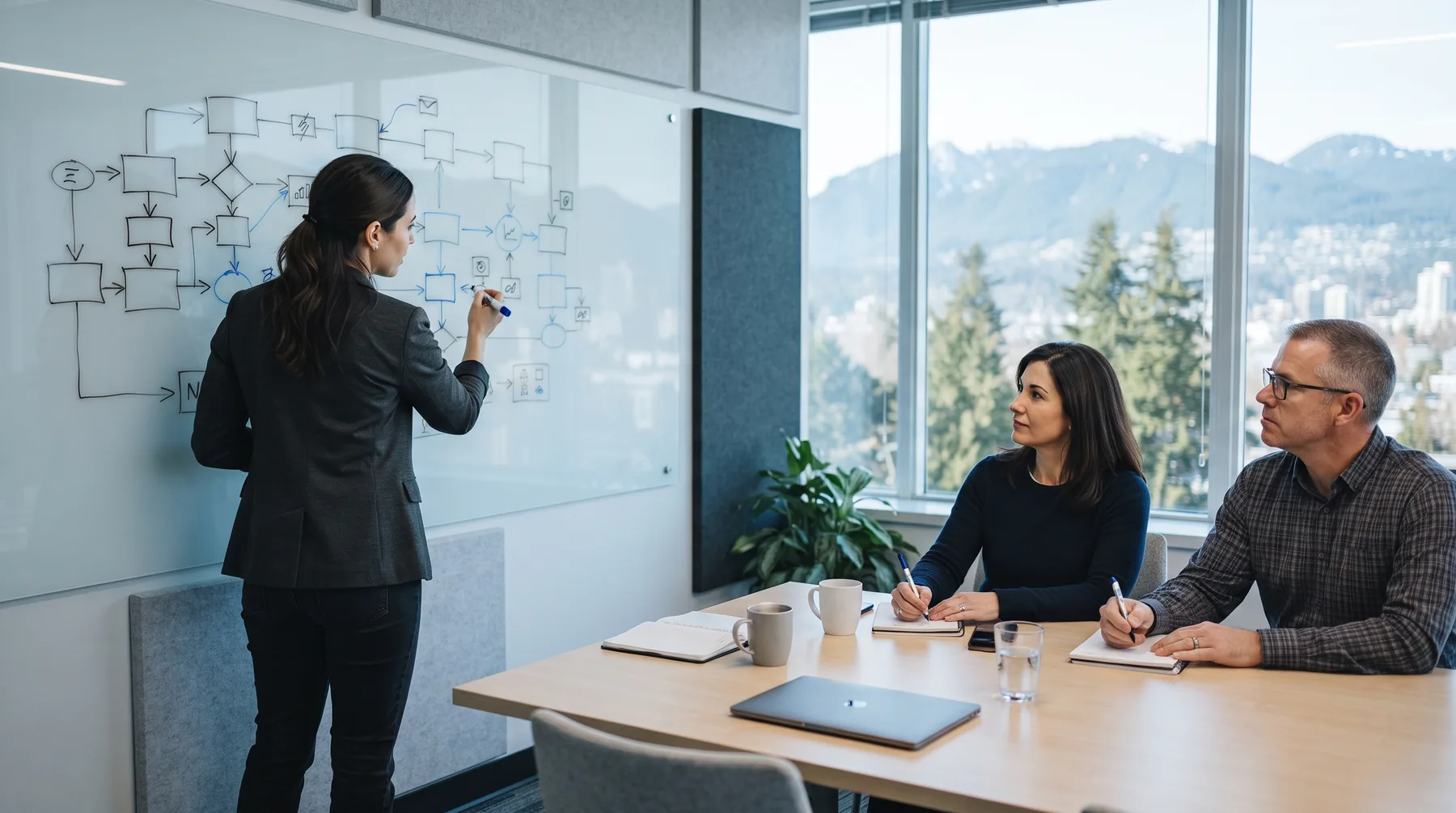 IT consultant sketching a technology roadmap on a whiteboard for two business owners
