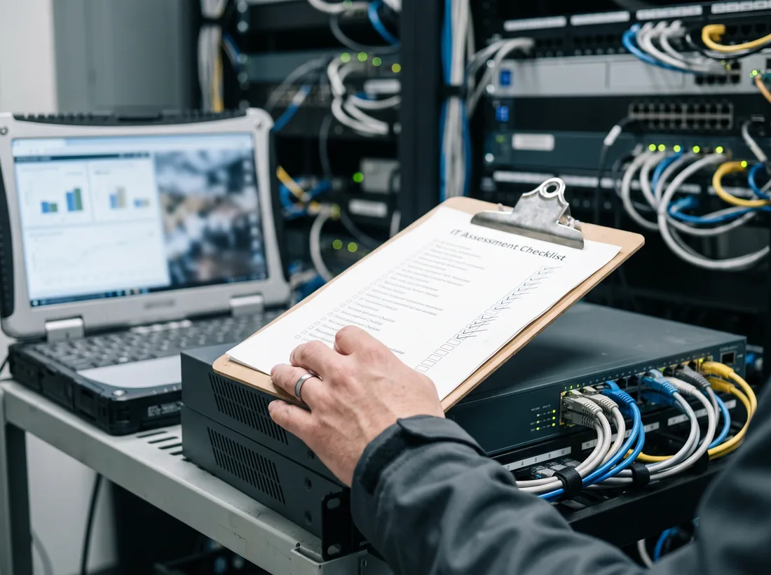 Clipboard with an IT assessment checklist resting on a network switch beside a laptop