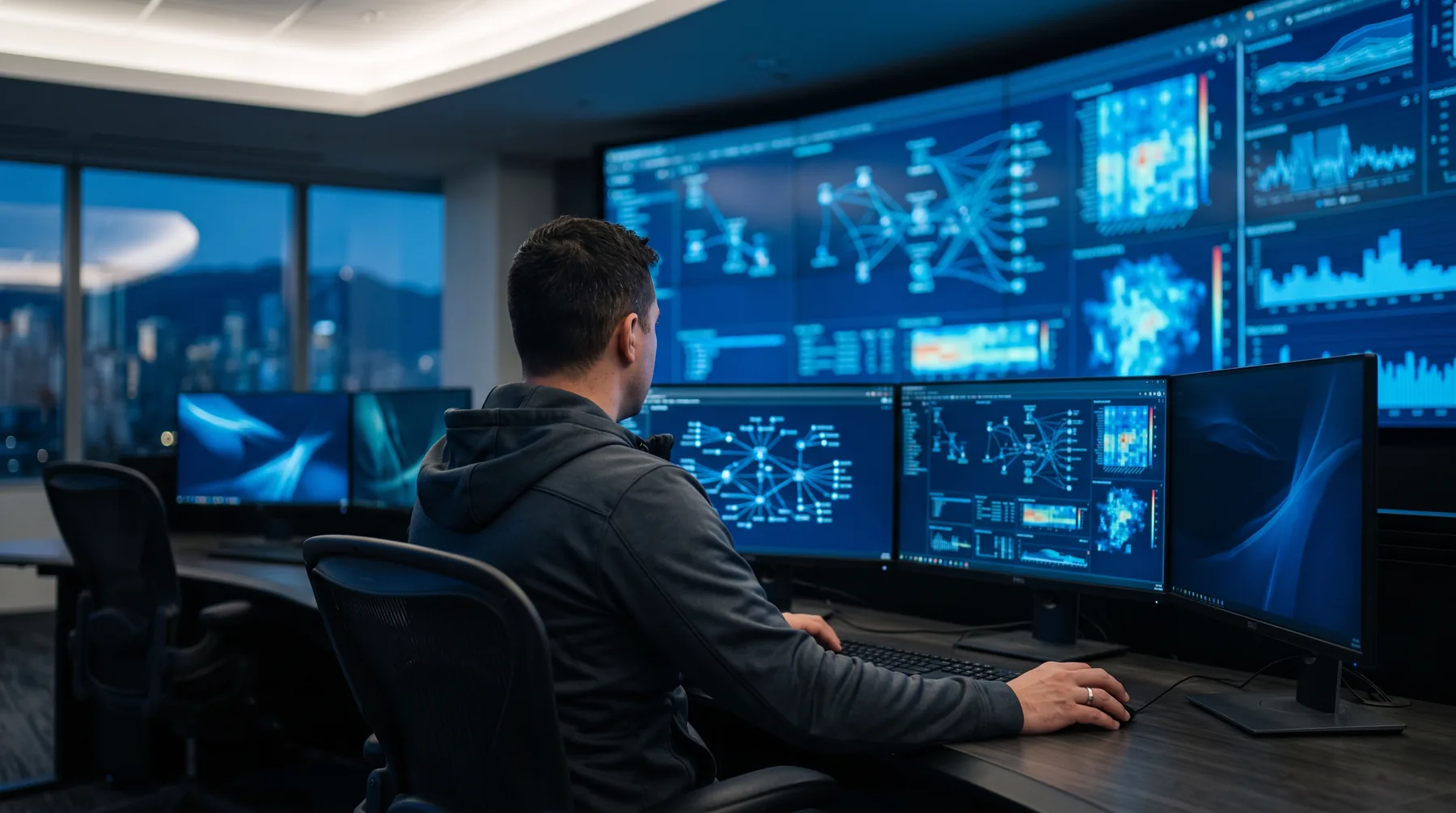 Security analyst reviewing network monitoring screens in a dark operations room