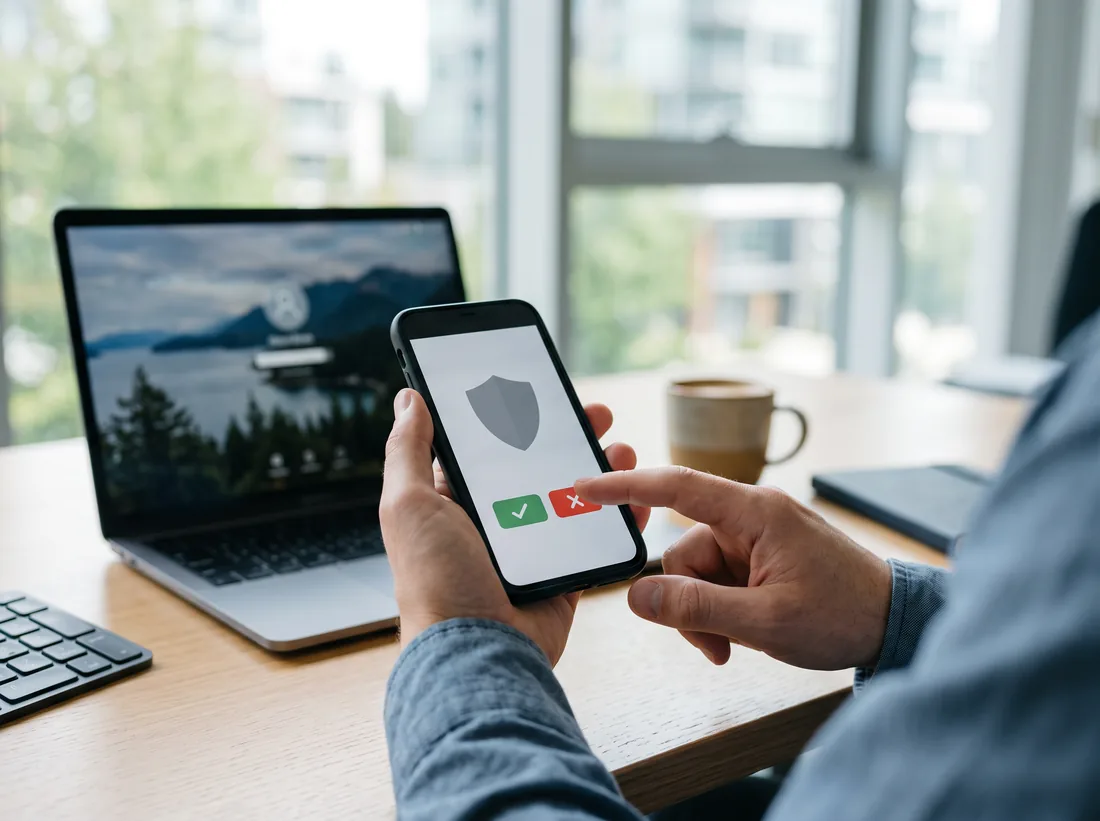 Person approving a multi-factor sign-in request on a smartphone at an office desk
