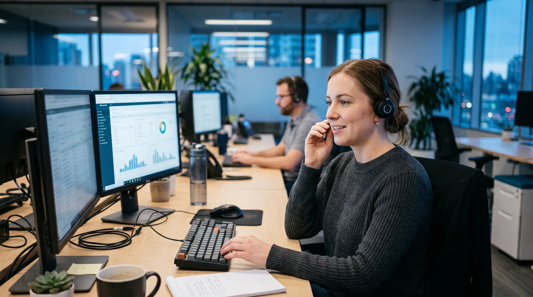 IT help desk technician wearing a headset at a two-monitor workstation