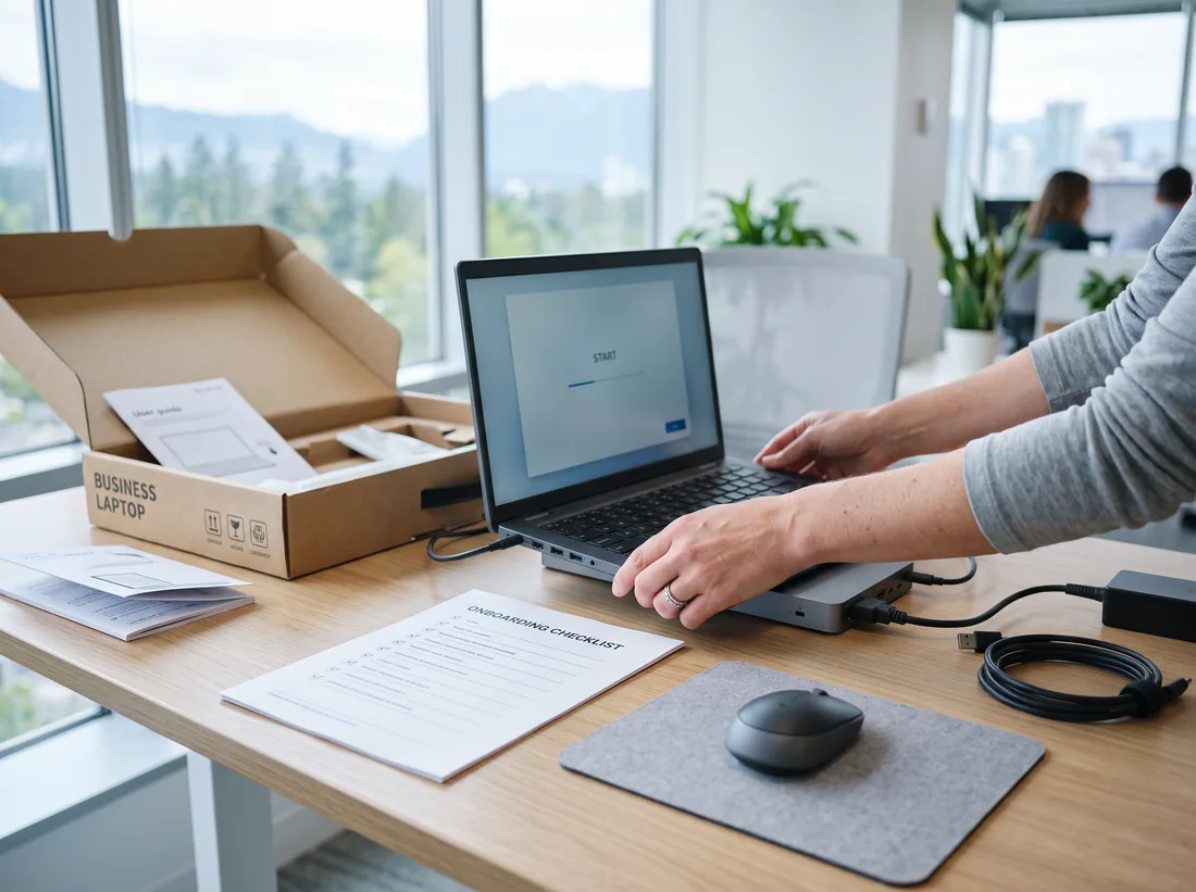 Hands setting up a new business laptop with a docking station and onboarding checklist