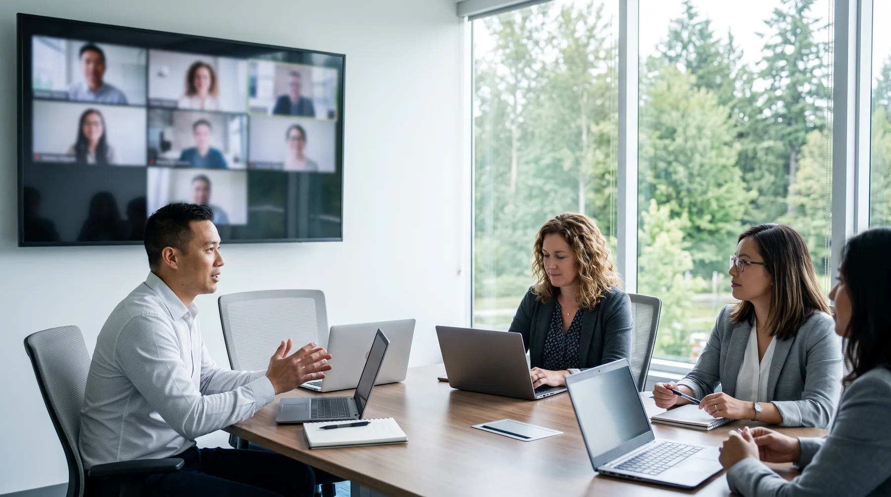 Colleagues in a hybrid meeting with remote participants on a large wall screen