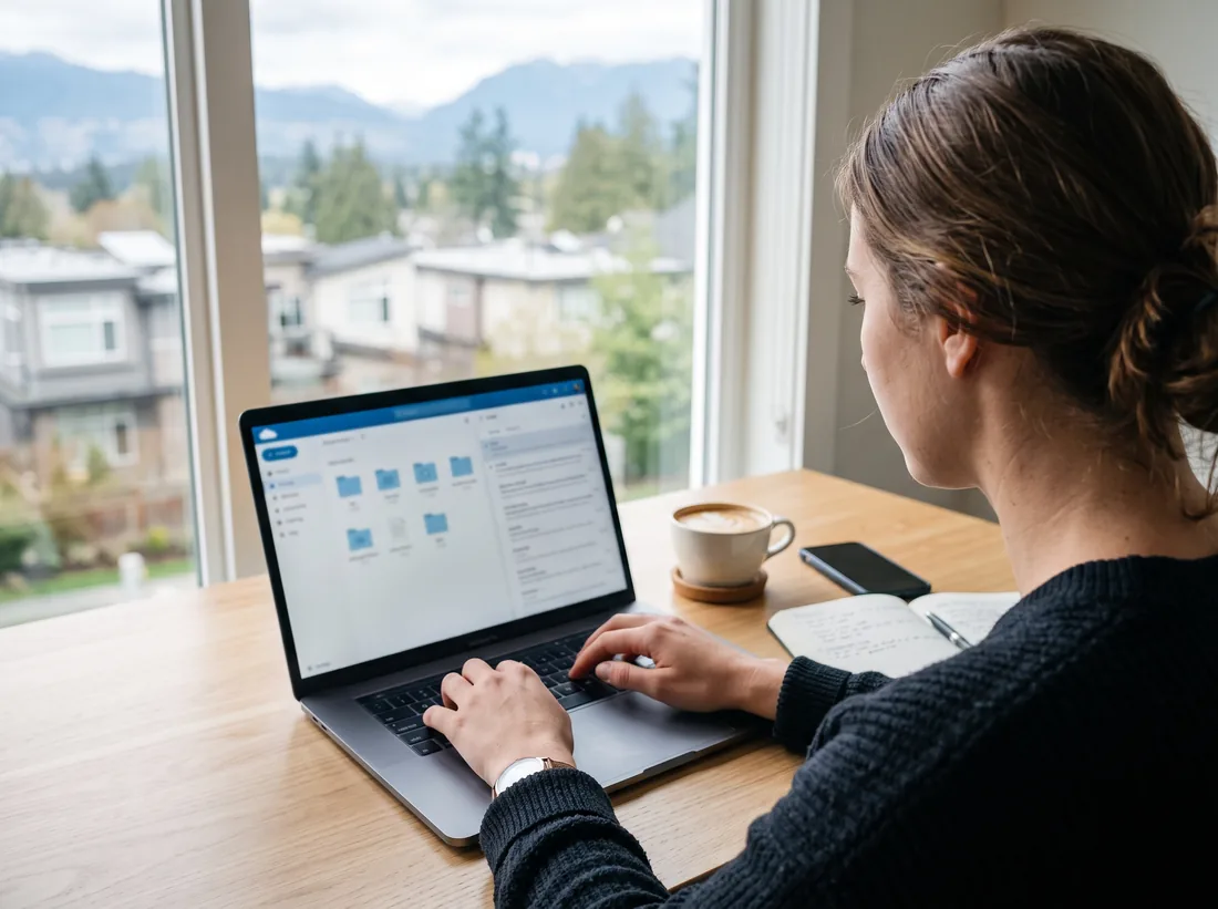 Person working on a laptop with cloud file sharing and email open on a light wood desk