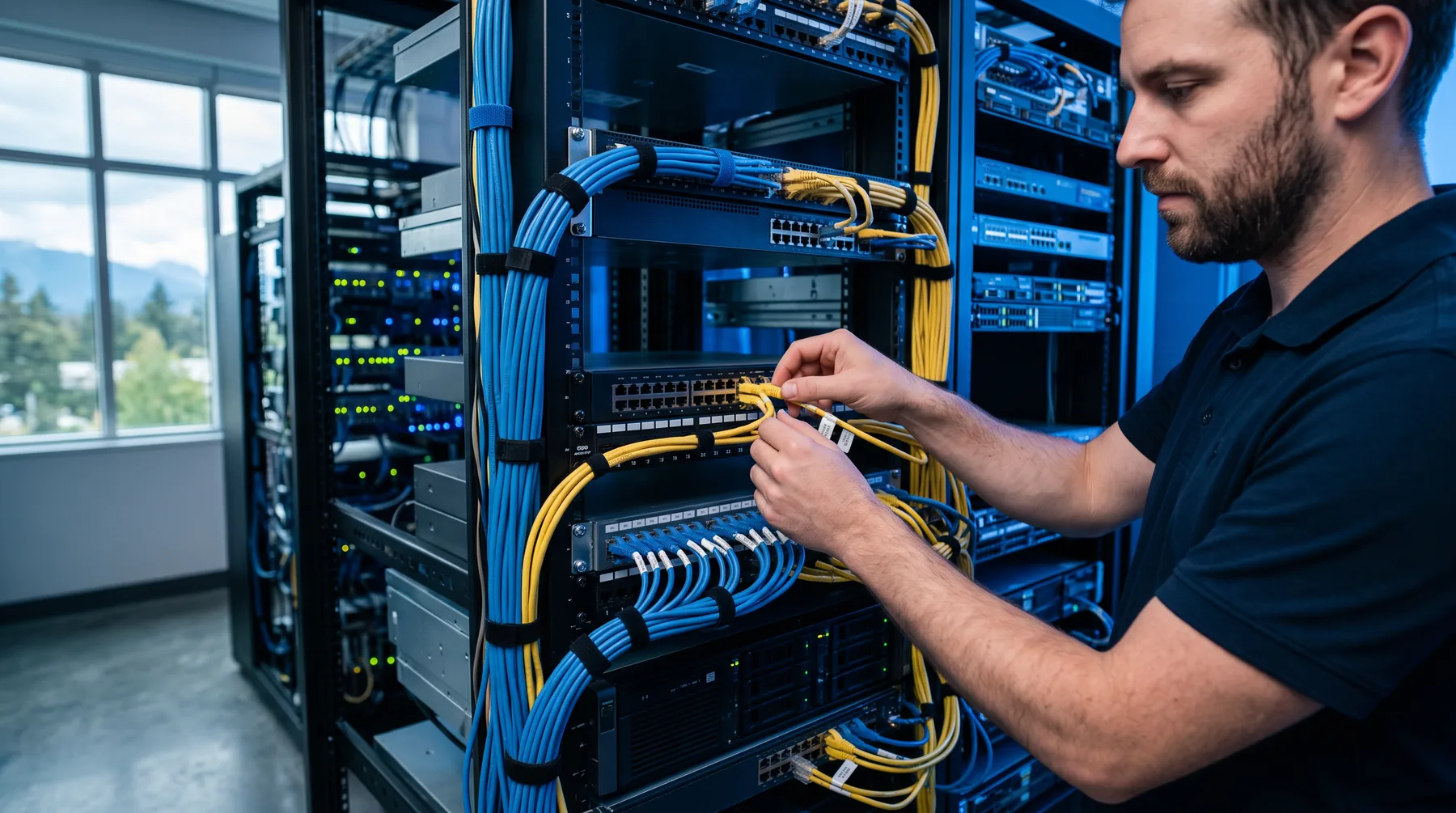 Technician patching ethernet cables into a network switch in an open rack