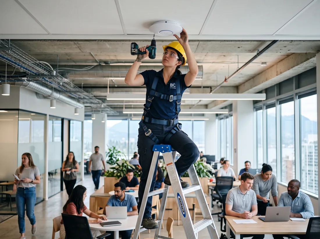 Technician on a short stepladder mounting a ceiling wireless access point in an open office