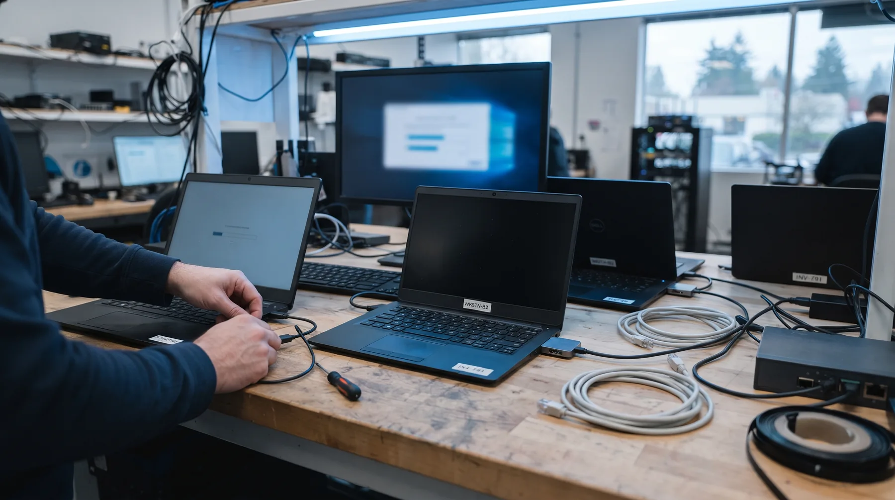 IT workbench with several business laptops being prepared and updated