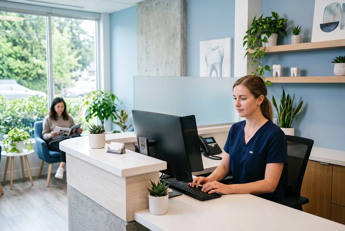 Dental clinic receptionist working at a computer fitted with a privacy screen