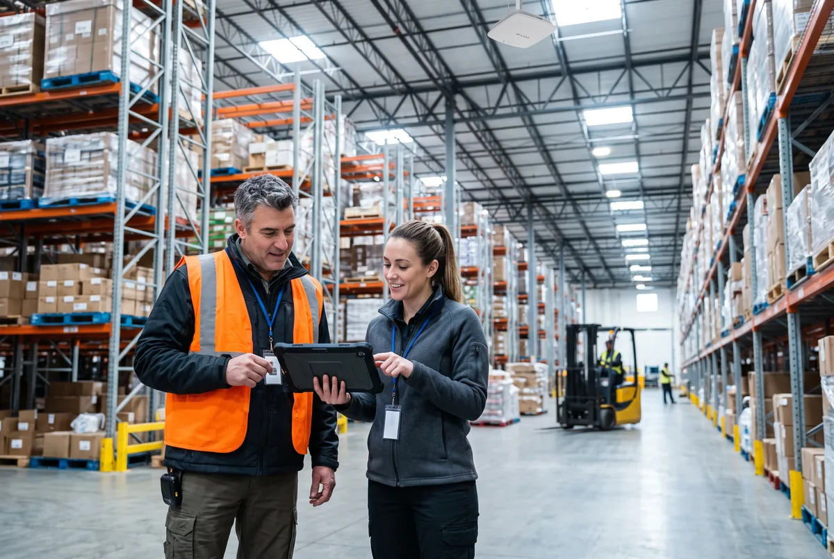 Warehouse manager in a hi-vis vest and an IT technician checking a tablet in a distribution warehouse