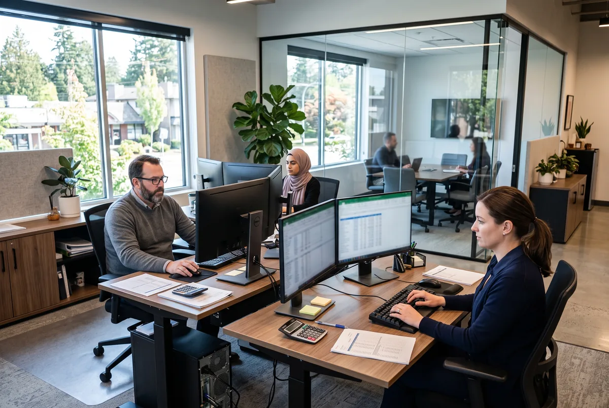 Small accounting office with staff working at desks and a glass meeting room behind